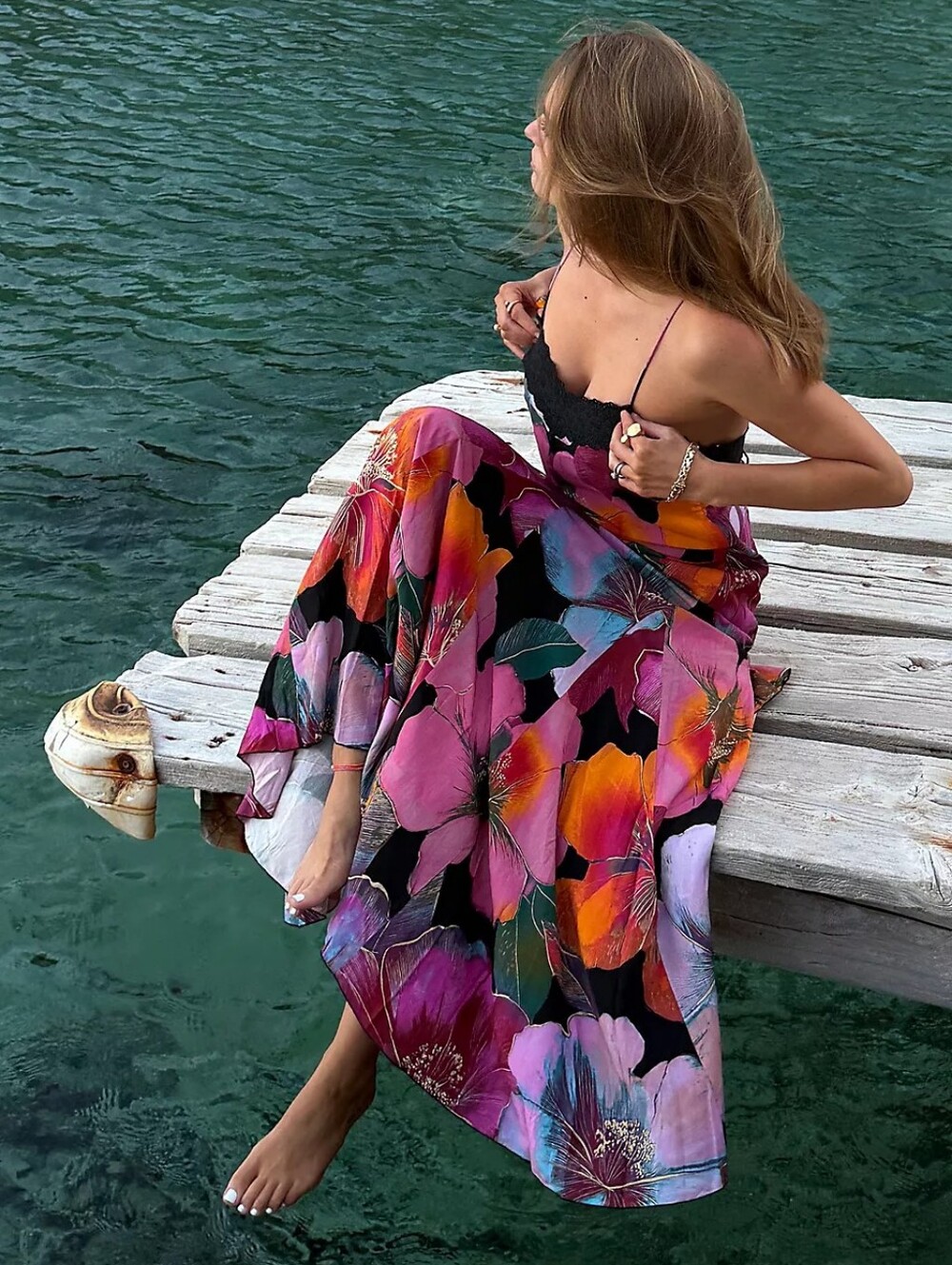 Free People Floral Maxi Dress in Black with Pink, Orange, Green and Blue Blooms